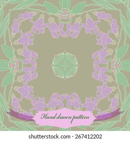 Circular seamless pattern of floral motif, flowers, leaves, branches, label. Hand drawn.