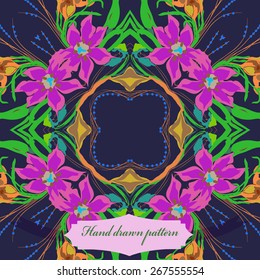 Circular seamless pattern of floral motif, flowers, leaves, label. Hand drawn.