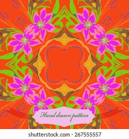 Circular seamless pattern of floral motif, flowers, leaves, label. Hand drawn.