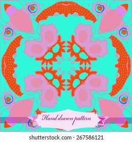Circular seamless pattern of floral motif, flowers, cross. Hand drawn.