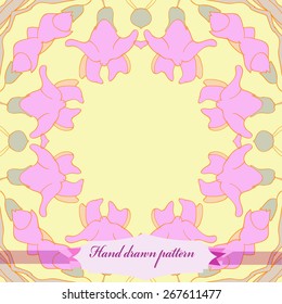 Circular seamless pattern of floral motif, flowers, garland, label. Hand drawn.