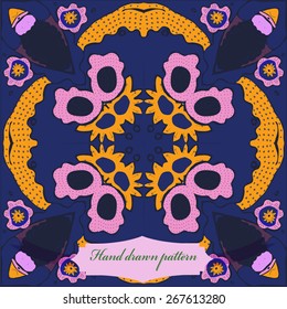 Circular seamless pattern of floral motif, flowers, cross, label. Hand drawn.