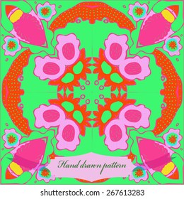 Circular seamless pattern of floral motif, flowers, cross, label. Hand drawn.