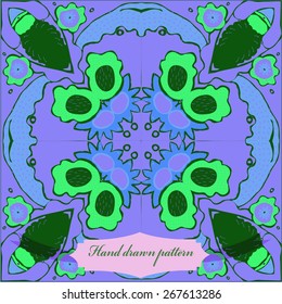 Circular seamless pattern of floral motif, flowers, cross, label. Hand drawn.