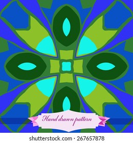 Circular seamless pattern of floral motif, label. Hand drawn.