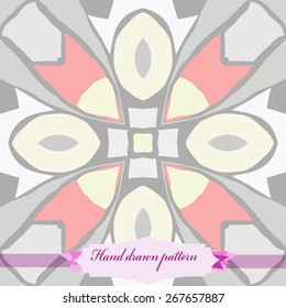 Circular seamless pattern of floral motif, label. Hand drawn.