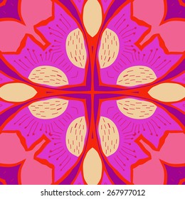 Circular seamless pattern of floral motif, flower, doodles. Hand drawn.