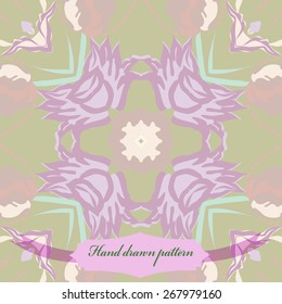 Circular seamless pattern of floral motif, flowers, branches, label. Hand drawn.