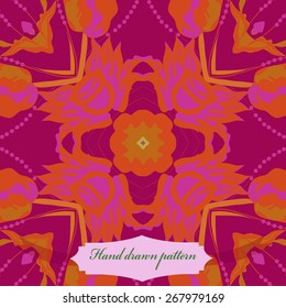 Circular seamless pattern of floral motif, flowers, branches, label. Hand drawn.