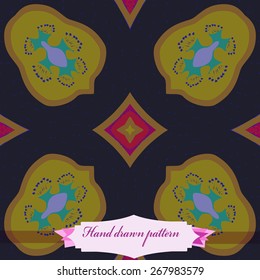 Circular seamless pattern of floral motif, doodles, stars, label. Hand drawn.