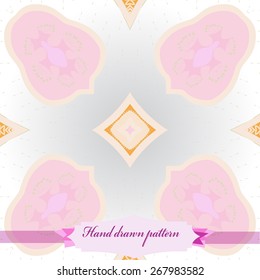 Circular seamless pattern of floral motif, doodles, stars, label. Hand drawn.