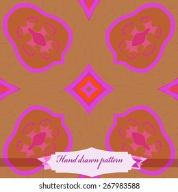Circular seamless pattern of floral motif, doodles, stars, label. Hand drawn.