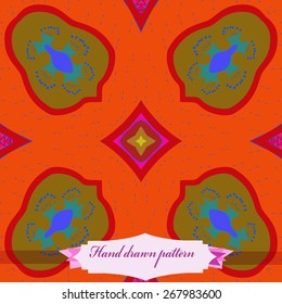 Circular seamless pattern of floral motif, doodles, stars, label. Hand drawn.