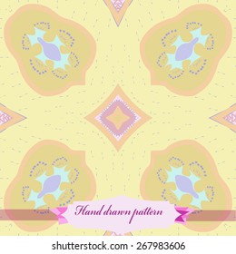 Circular seamless pattern of floral motif, doodles, stars, label. Hand drawn.