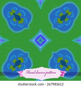 Circular seamless pattern of floral motif, doodles, stars, label. Hand drawn.