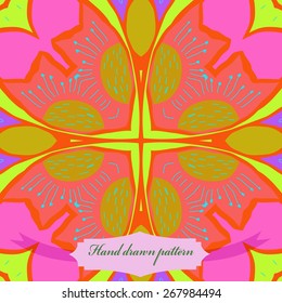 Circular seamless pattern of floral motif, flower, doodles, label. Hand drawn.