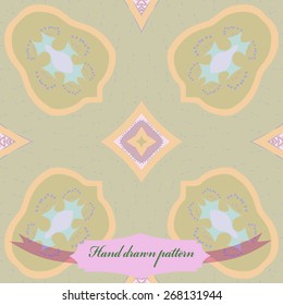 Circular seamless pattern of floral motif, doodles, stars, label. Hand drawn.