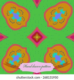 Circular seamless pattern of floral motif, doodles, stars, label. Hand drawn.