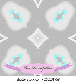 Circular seamless pattern of floral motif, doodles, stars, label. Hand drawn.