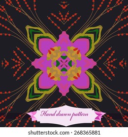 Circular seamless pattern of floral motif, label. Hand drawn.