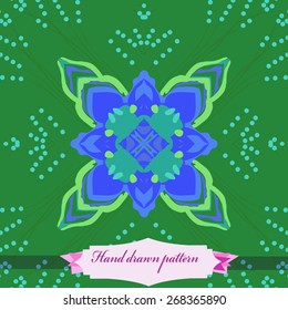 Circular seamless pattern of floral motif, label. Hand drawn.