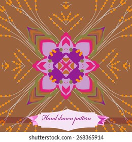 Circular seamless pattern of floral motif, label. Hand drawn.