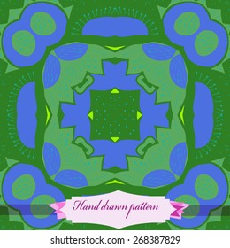 Circular seamless pattern of floral motif, doodles, stamens, zigzags, label. Hand drawn.