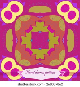 Circular seamless pattern of floral motif, doodles, stamens, zigzags, label. Hand drawn.
