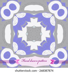 Circular seamless pattern of floral motif, doodles, stamens, zigzags, label. Hand drawn.