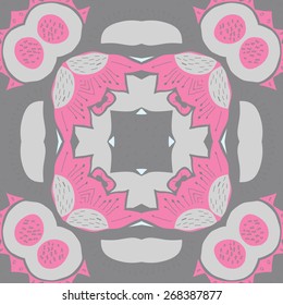 Circular seamless pattern of floral motif, doodles, stamens, zigzags. Hand drawn.