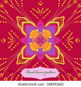 Circular seamless pattern of floral motif, label. Hand drawn.