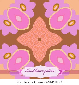 Circular seamless pattern of floral motif, flowers, stars, ellipses, label. Hand drawn.