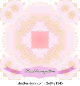 Circular seamless pattern of floral motif, doodles, stamens, zigzags, label. Hand drawn.