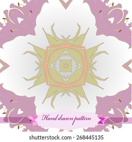 Circular seamless pattern of floral motif, leaves, lily, label. Hand drawn.