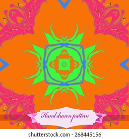Circular seamless pattern of floral motif, leaves, lily, label. Hand drawn.