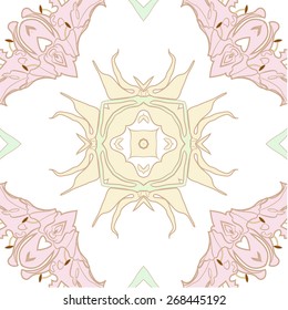 Circular seamless pattern of floral motif, leaves, lily. Hand drawn.