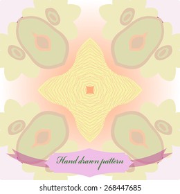 Circular seamless pattern of floral motif, flowers, stars, ellipses, label. Hand drawn.