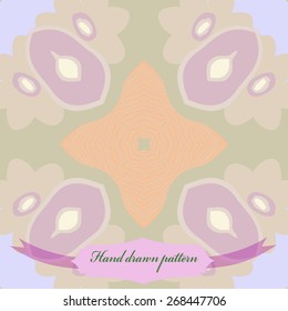 Circular seamless pattern of floral motif, flowers, stars, ellipses, label. Hand drawn.