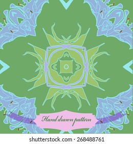 Circular seamless pattern of floral motif, leaves, lily, label. Hand drawn.