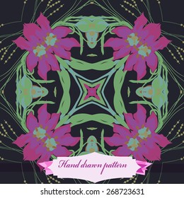 Circular seamless pattern of floral motif, flowers, leaves, branches, label. Hand drawn.
