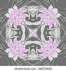 Circular seamless pattern of floral motif, flowers, leaves, branches. Hand drawn.