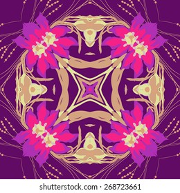 Circular seamless pattern of floral motif, flowers, leaves, branches. Hand drawn.