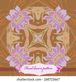 Circular seamless pattern of floral motif, flowers, leaves, branches, label. Hand drawn.