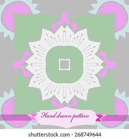 Circular seamless pattern of floral motif, flower, doodles, stamens, zigzags, label . Hand drawn.