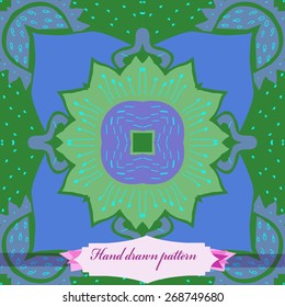 Circular seamless pattern of floral motif, flower, doodles, stamens, zigzags, label . Hand drawn.