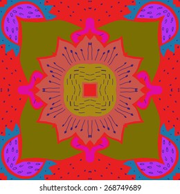 Circular seamless pattern of floral motif, flower, doodles, stamens, zigzags . Hand drawn.