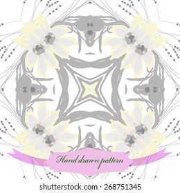 Circular seamless pattern of floral motif, flowers, leaves, branches, label. Hand drawn.