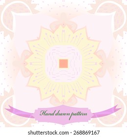 Circular seamless pattern of floral motif, flower, doodles, stamens, zigzags, label . Hand drawn.