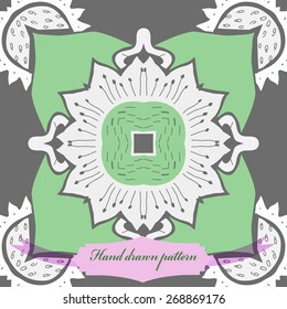 Circular seamless pattern of floral motif, flower, doodles, stamens, zigzags, label . Hand drawn.