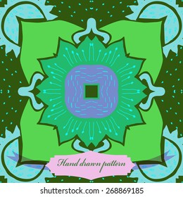 Circular seamless pattern of floral motif, flower, doodles, stamens, zigzags, label . Hand drawn.